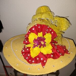 Elegant Yellow Hat with Red ribbon, pearls and Yellow Feathers